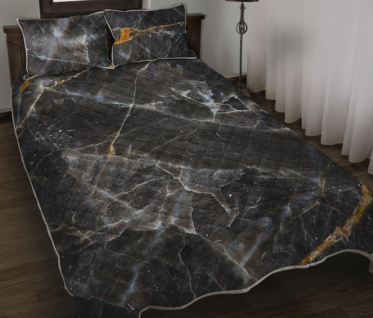 Black Grey Marble Print Quilt Bed Set