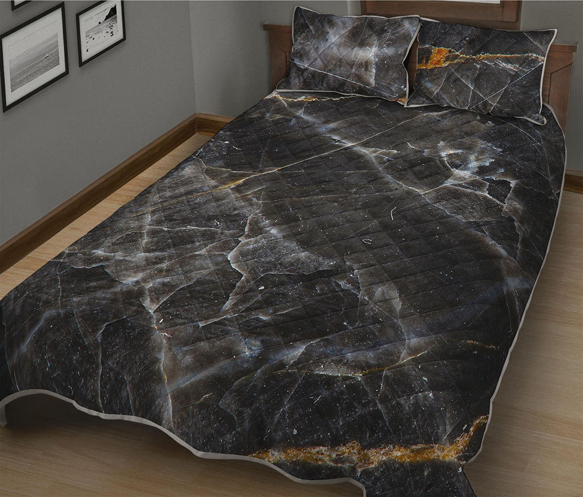 Black Grey Marble Print Quilt Bed Set