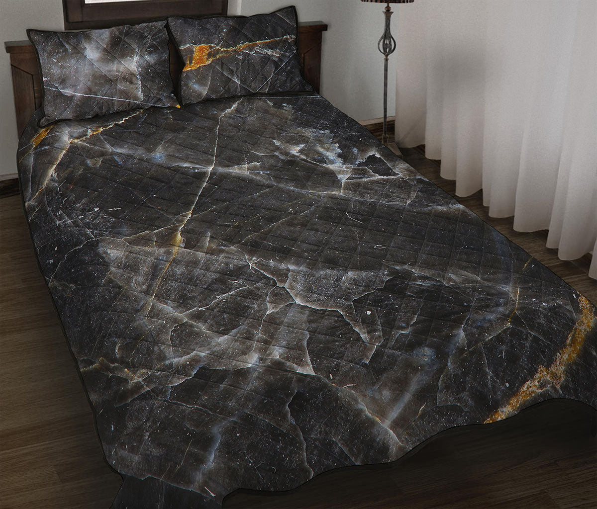 Black Grey Marble Print Quilt Bed Set