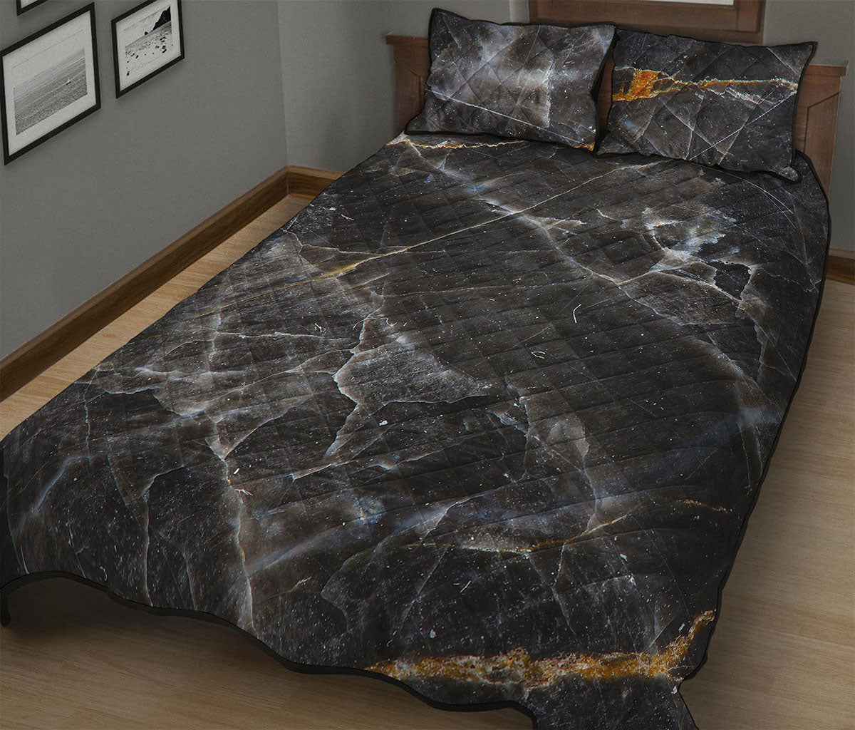 Black Grey Marble Print Quilt Bed Set