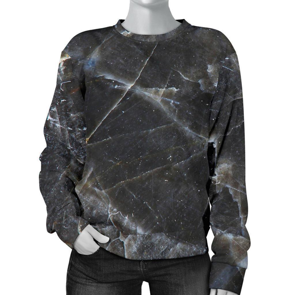 Black Grey Marble Print Women's Crewneck Sweatshirt GearFrost