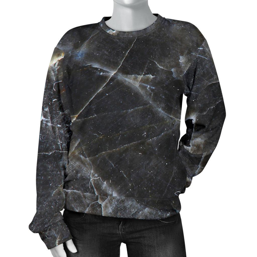 Black Grey Marble Print Women's Crewneck Sweatshirt GearFrost