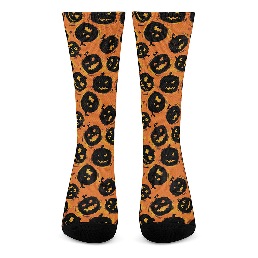 Black Halloween Pumpkin Pattern Print Crew Socks