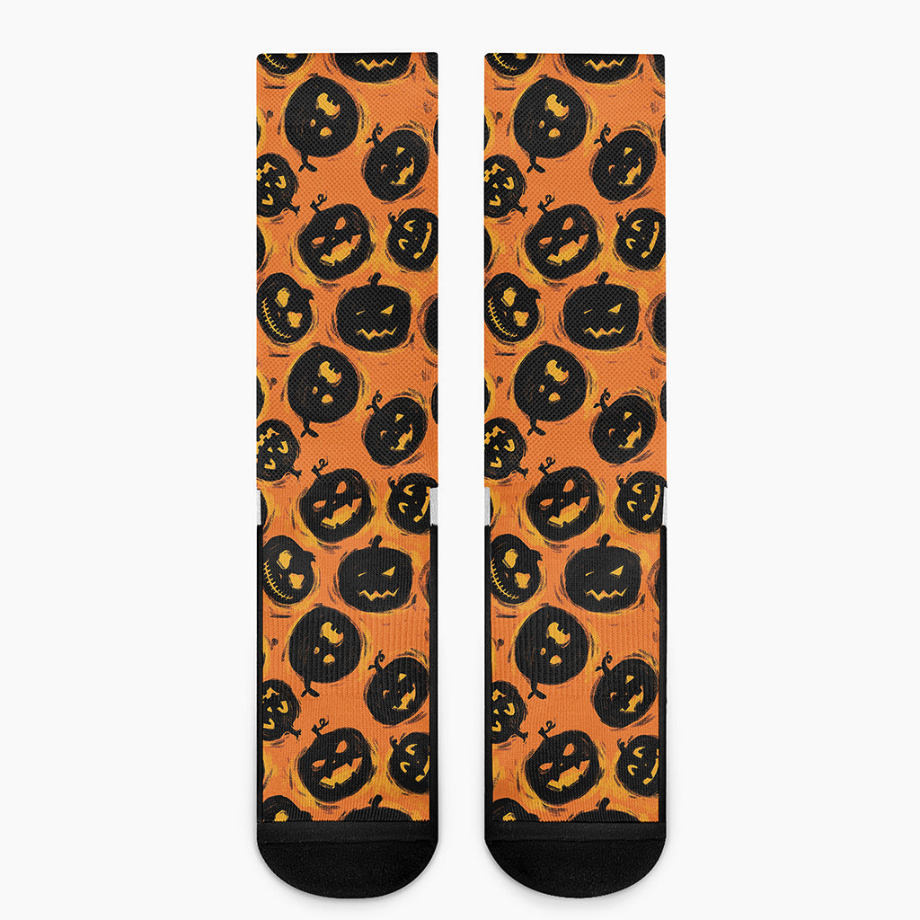 Black Halloween Pumpkin Pattern Print Crew Socks