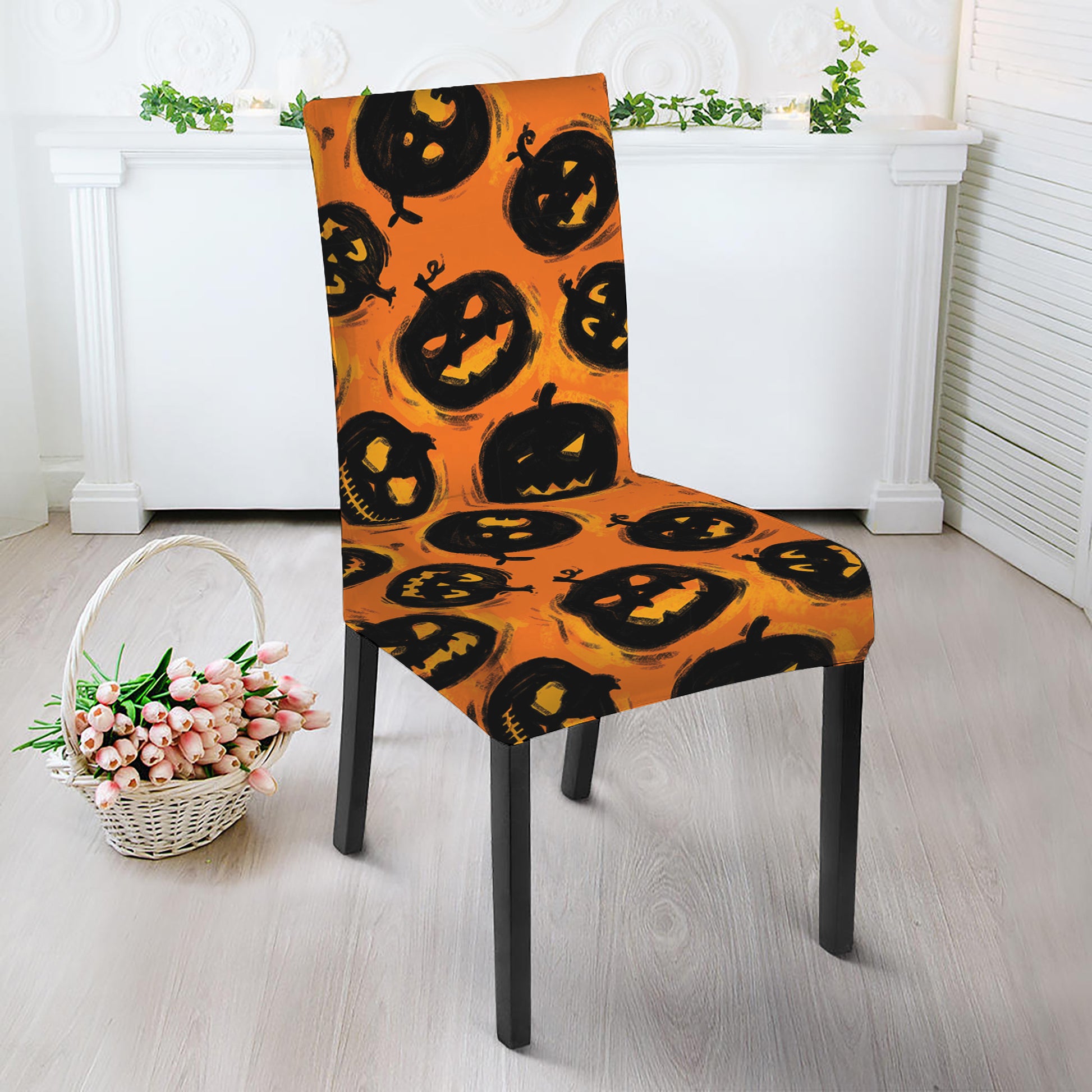 Black Halloween Pumpkin Pattern Print Dining Chair Slipcover
