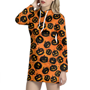 Black Halloween Pumpkin Pattern Print Hoodie Dress