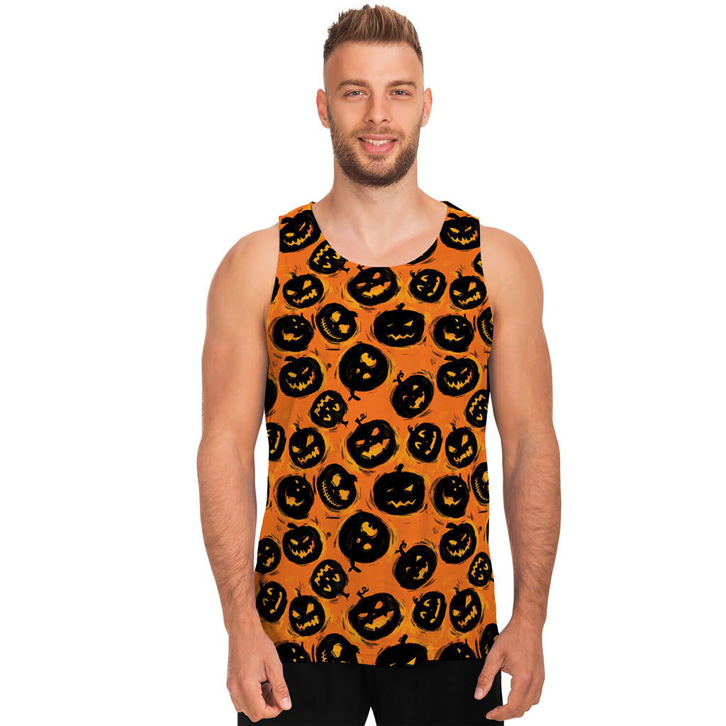 Black Halloween Pumpkin Pattern Print Men's Tank Top