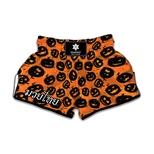 Black Halloween Pumpkin Pattern Print Muay Thai Boxing Shorts