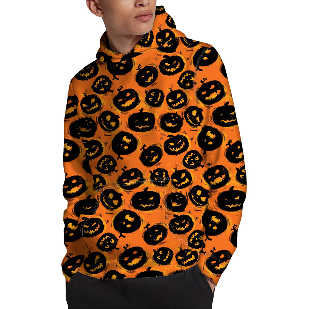 Black Halloween Pumpkin Pattern Print Pullover Hoodie