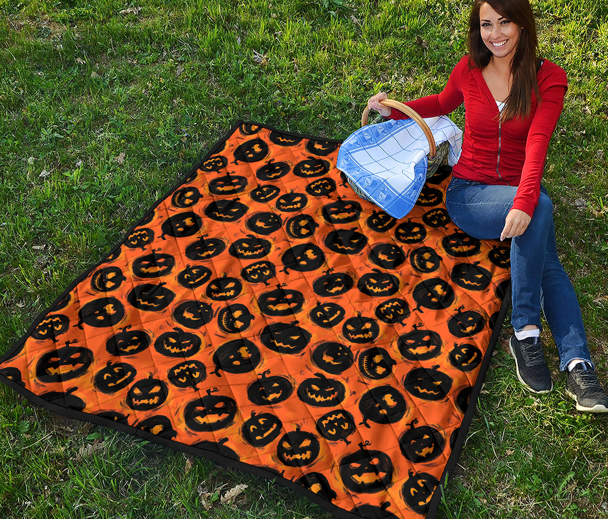 Black Halloween Pumpkin Pattern Print Quilt
