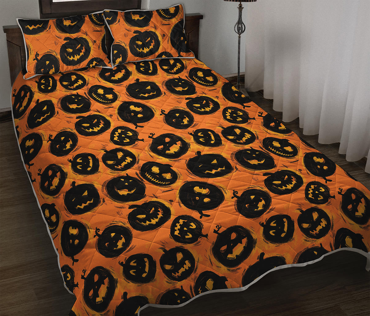 Black Halloween Pumpkin Pattern Print Quilt Bed Set