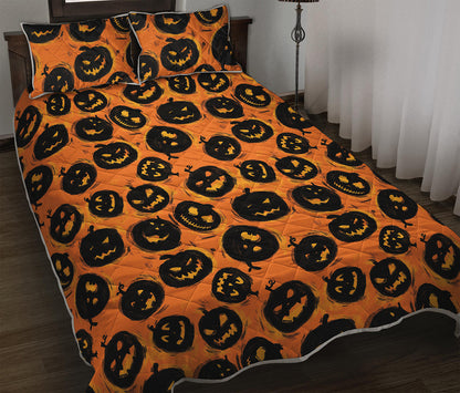 Black Halloween Pumpkin Pattern Print Quilt Bed Set