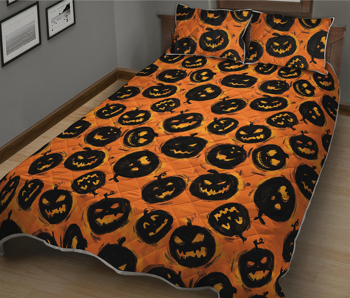 Black Halloween Pumpkin Pattern Print Quilt Bed Set