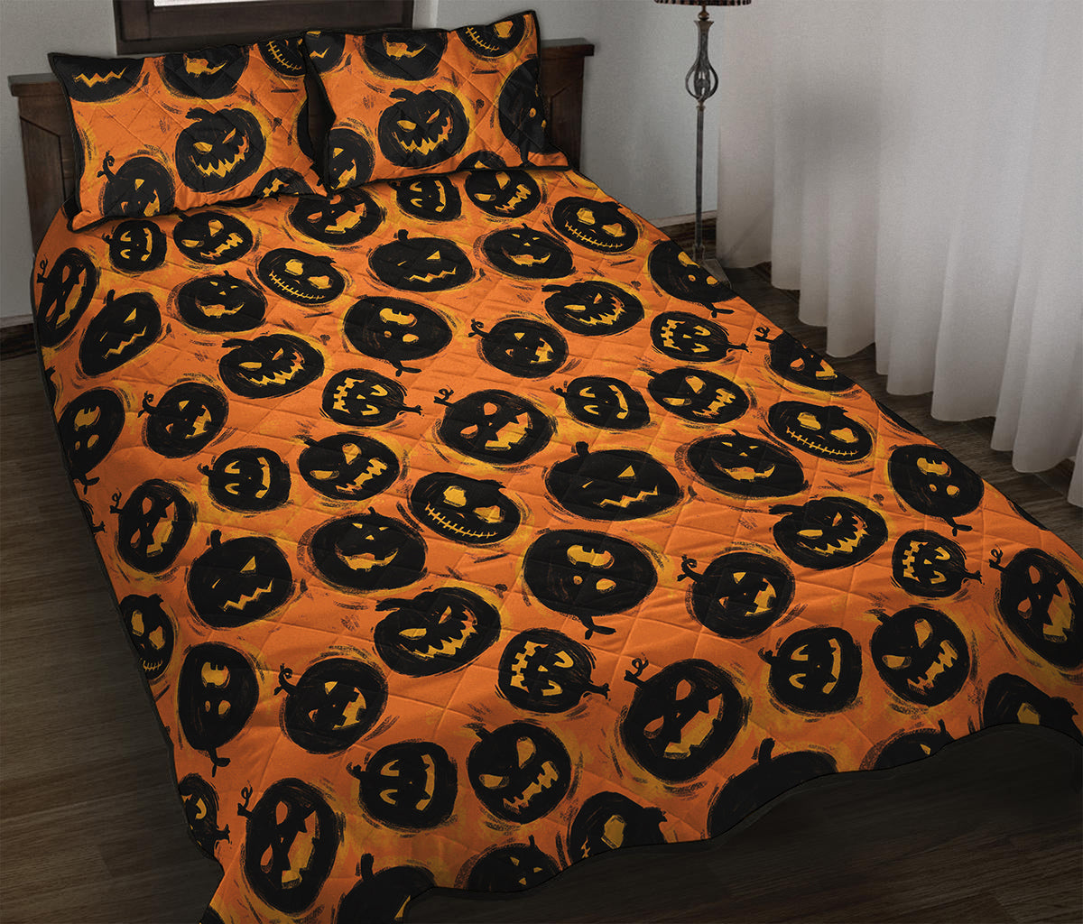 Black Halloween Pumpkin Pattern Print Quilt Bed Set