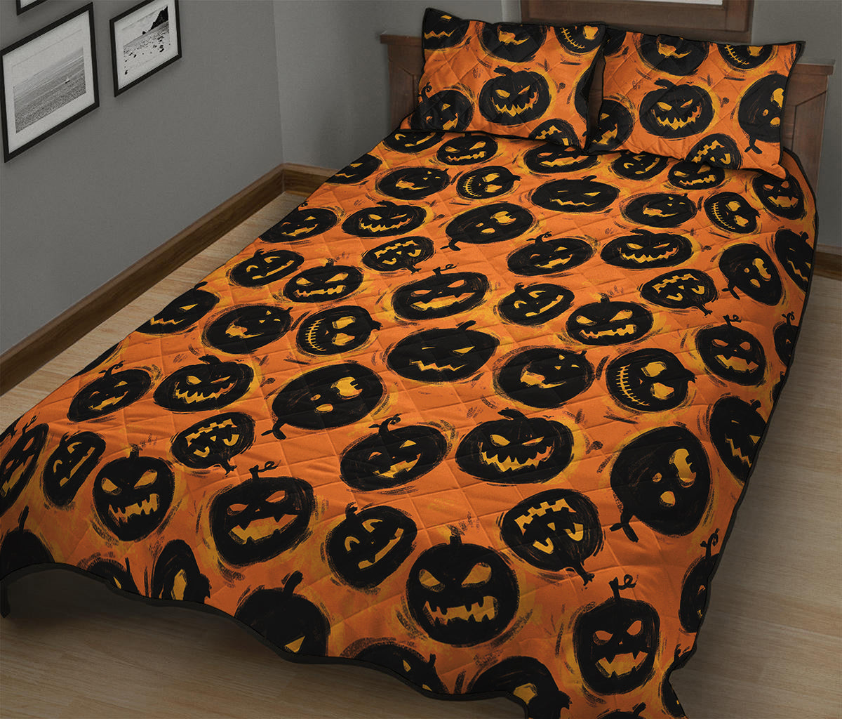 Black Halloween Pumpkin Pattern Print Quilt Bed Set