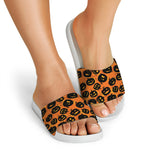 Black Halloween Pumpkin Pattern Print White Slide Sandals