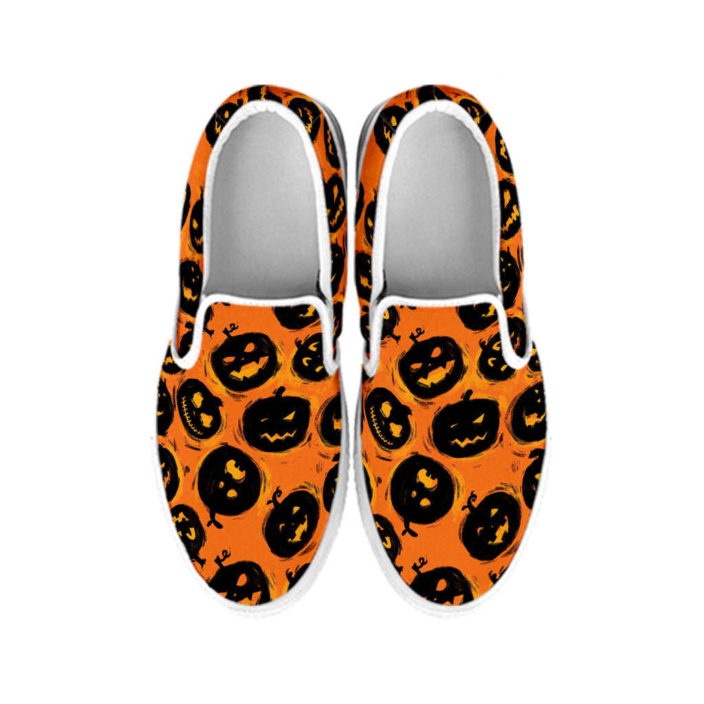 Black Halloween Pumpkin Pattern Print White Slip On Shoes