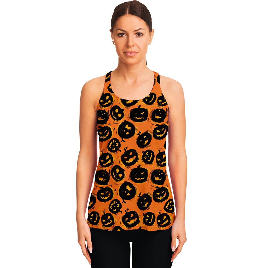 Black Halloween Pumpkin Pattern Print Women's Racerback Tank Top