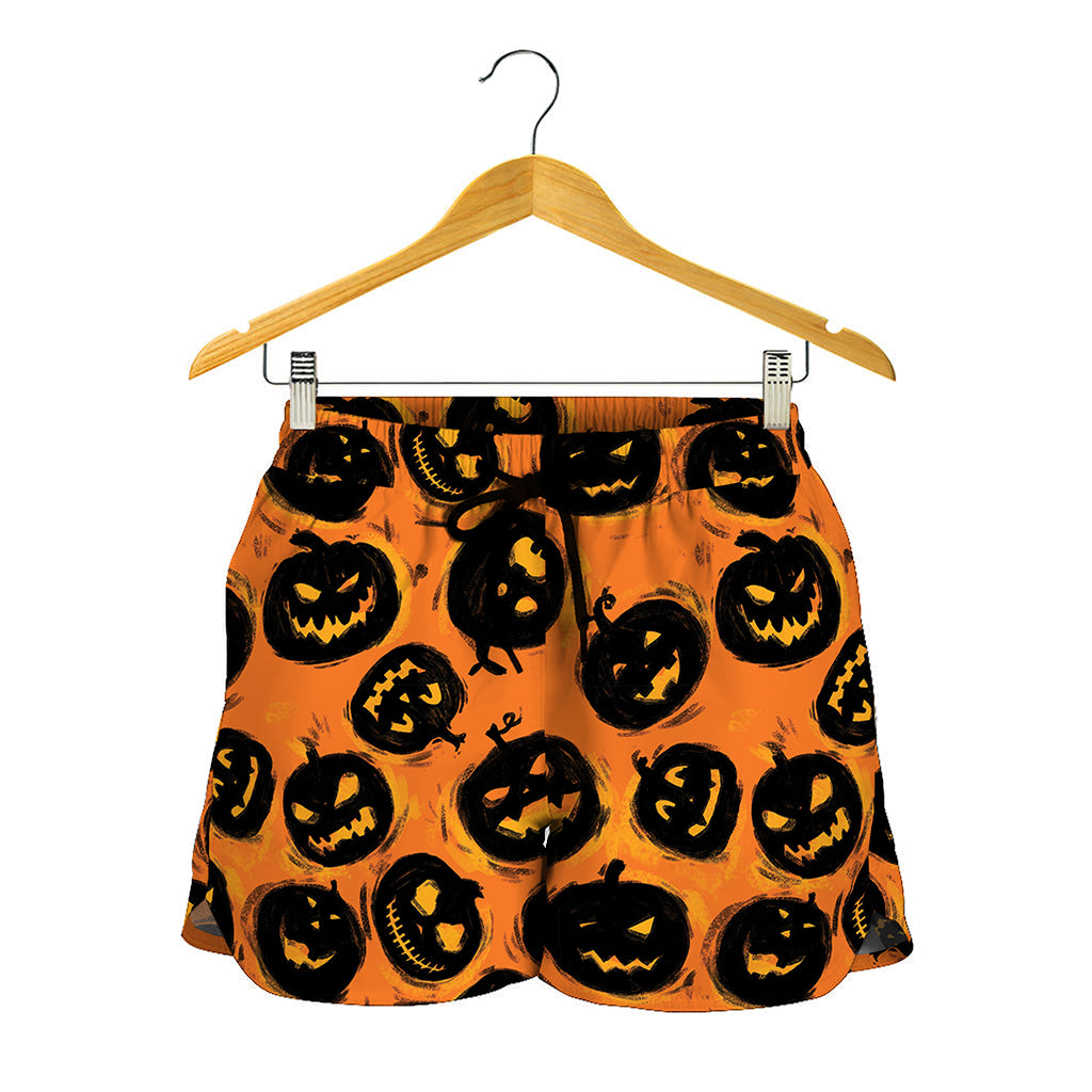 Black Halloween Pumpkin Pattern Print Women's Shorts