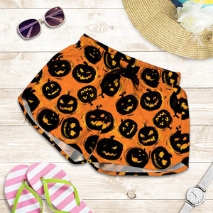 Black Halloween Pumpkin Pattern Print Women's Shorts