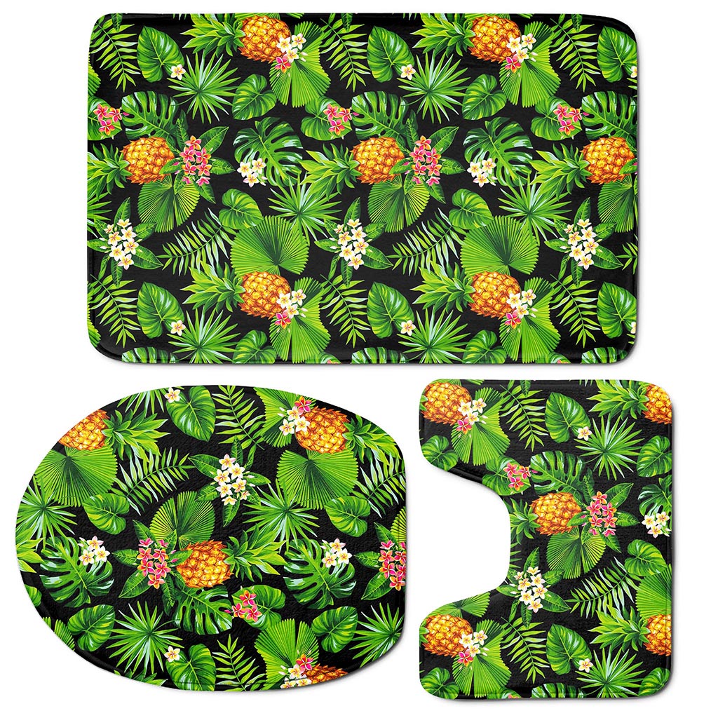 Black Hawaiian Pineapple Pattern Print 3 Piece Bath Mat Set
