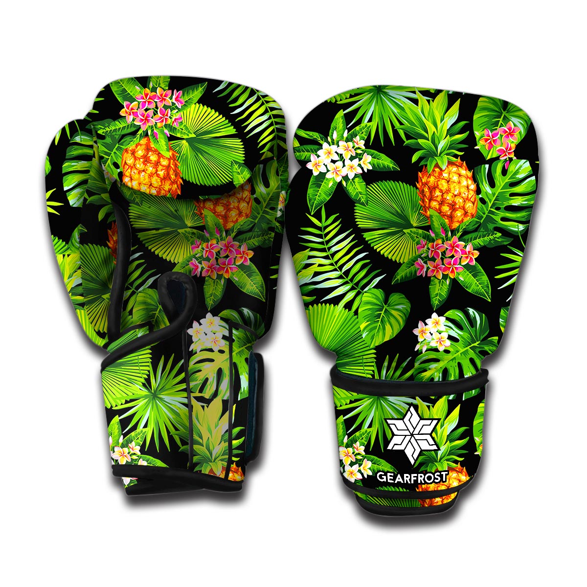 Black Hawaiian Pineapple Pattern Print Boxing Gloves