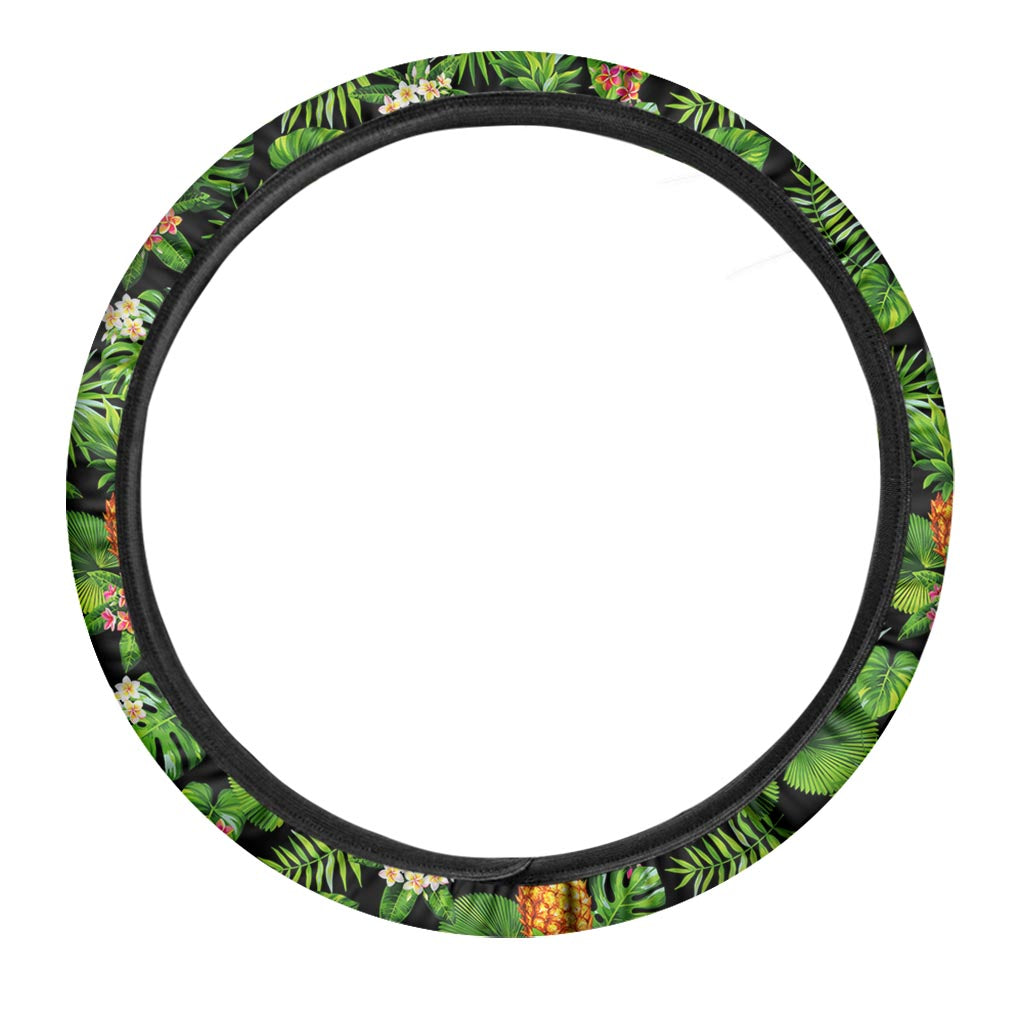 Black Hawaiian Pineapple Pattern Print Car Steering Wheel Cover