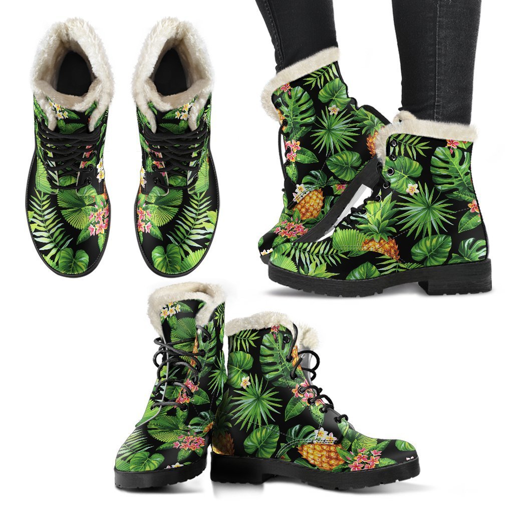 Black Hawaiian Pineapple Pattern Print Comfy Boots GearFrost