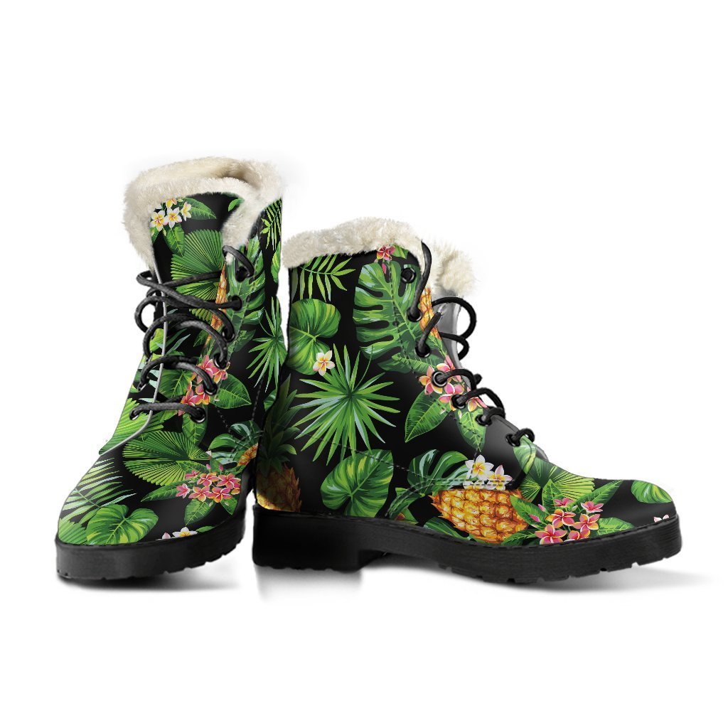 Black Hawaiian Pineapple Pattern Print Comfy Boots GearFrost