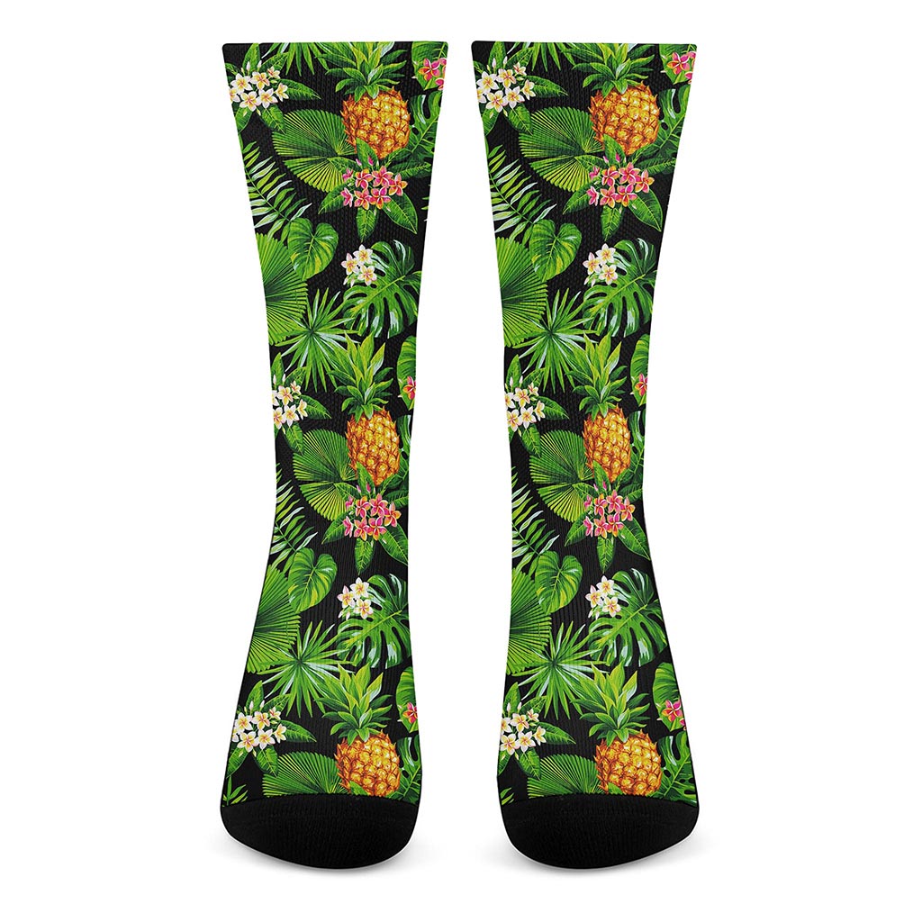 Black Hawaiian Pineapple Pattern Print Crew Socks