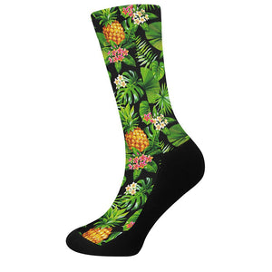 Black Hawaiian Pineapple Pattern Print Crew Socks