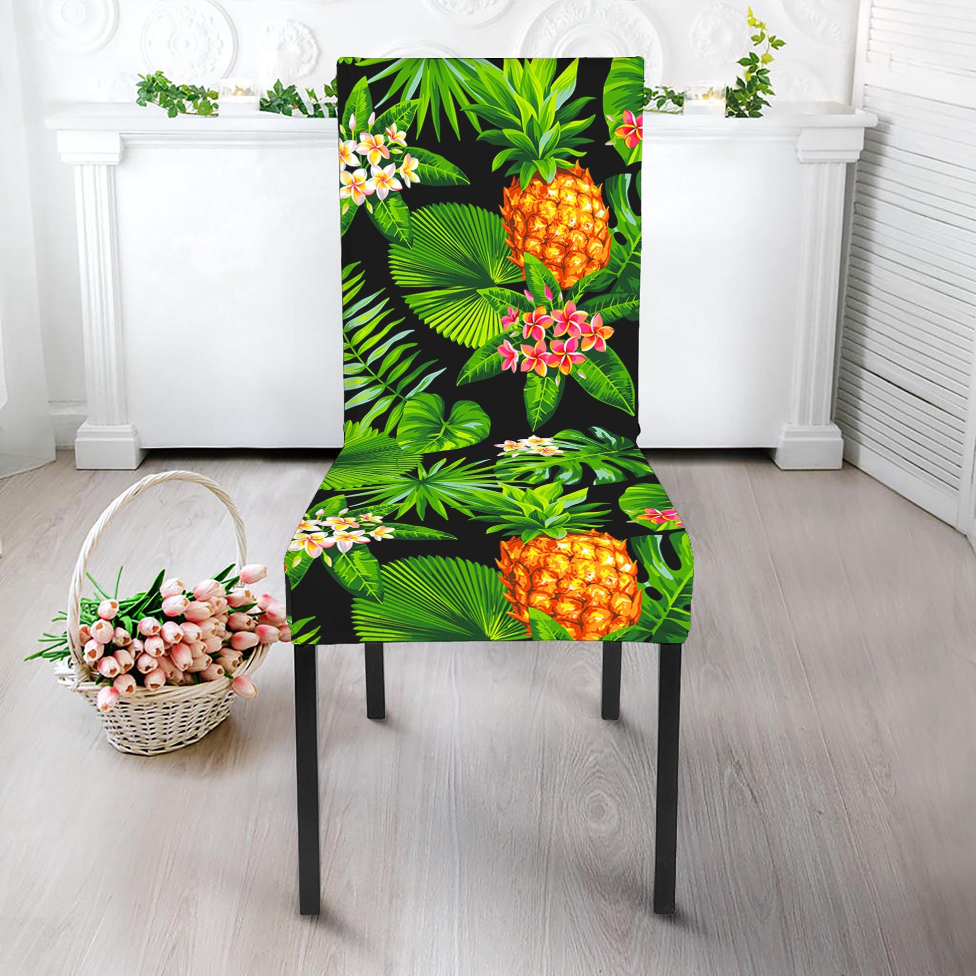 Black Hawaiian Pineapple Pattern Print Dining Chair Slipcover
