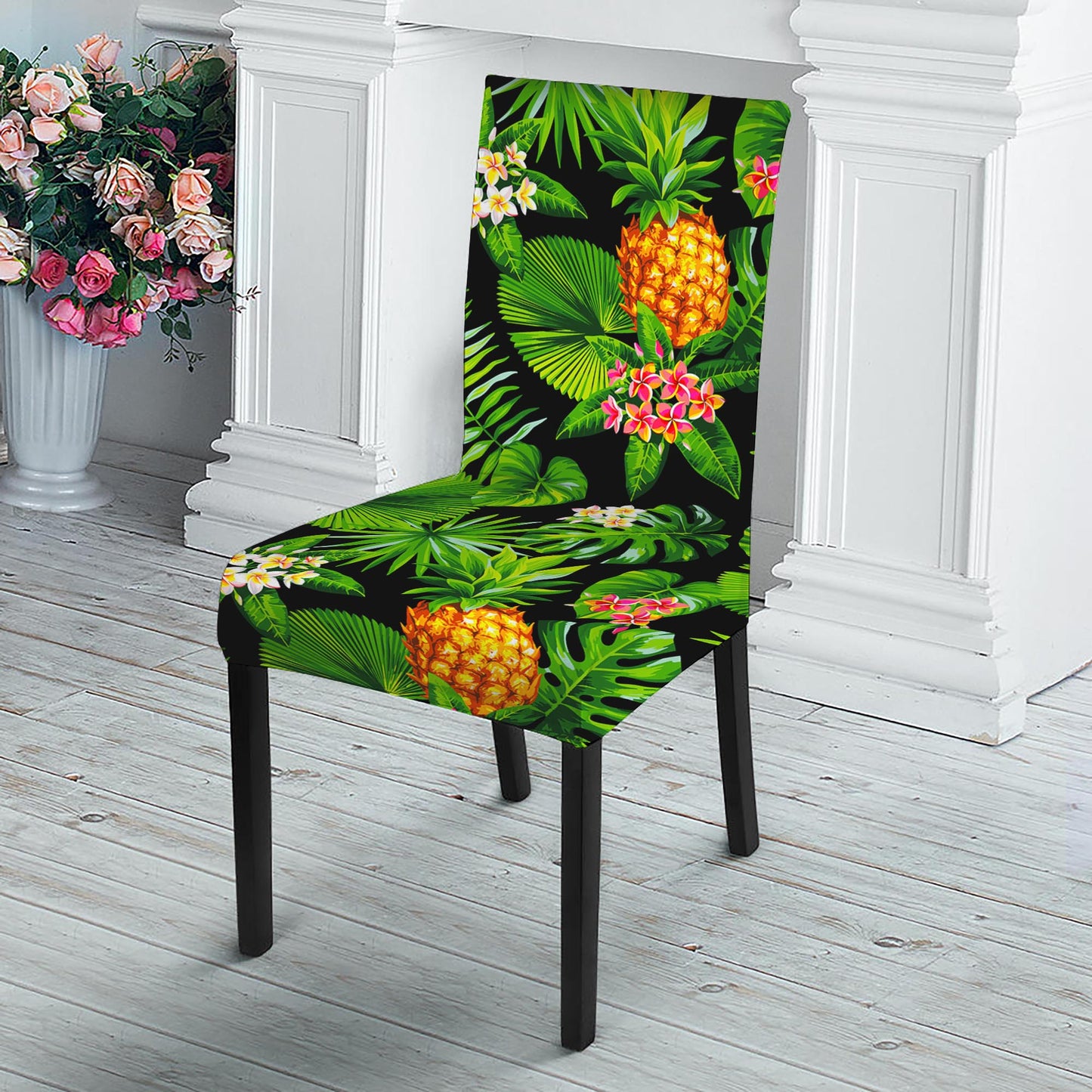 Black Hawaiian Pineapple Pattern Print Dining Chair Slipcover