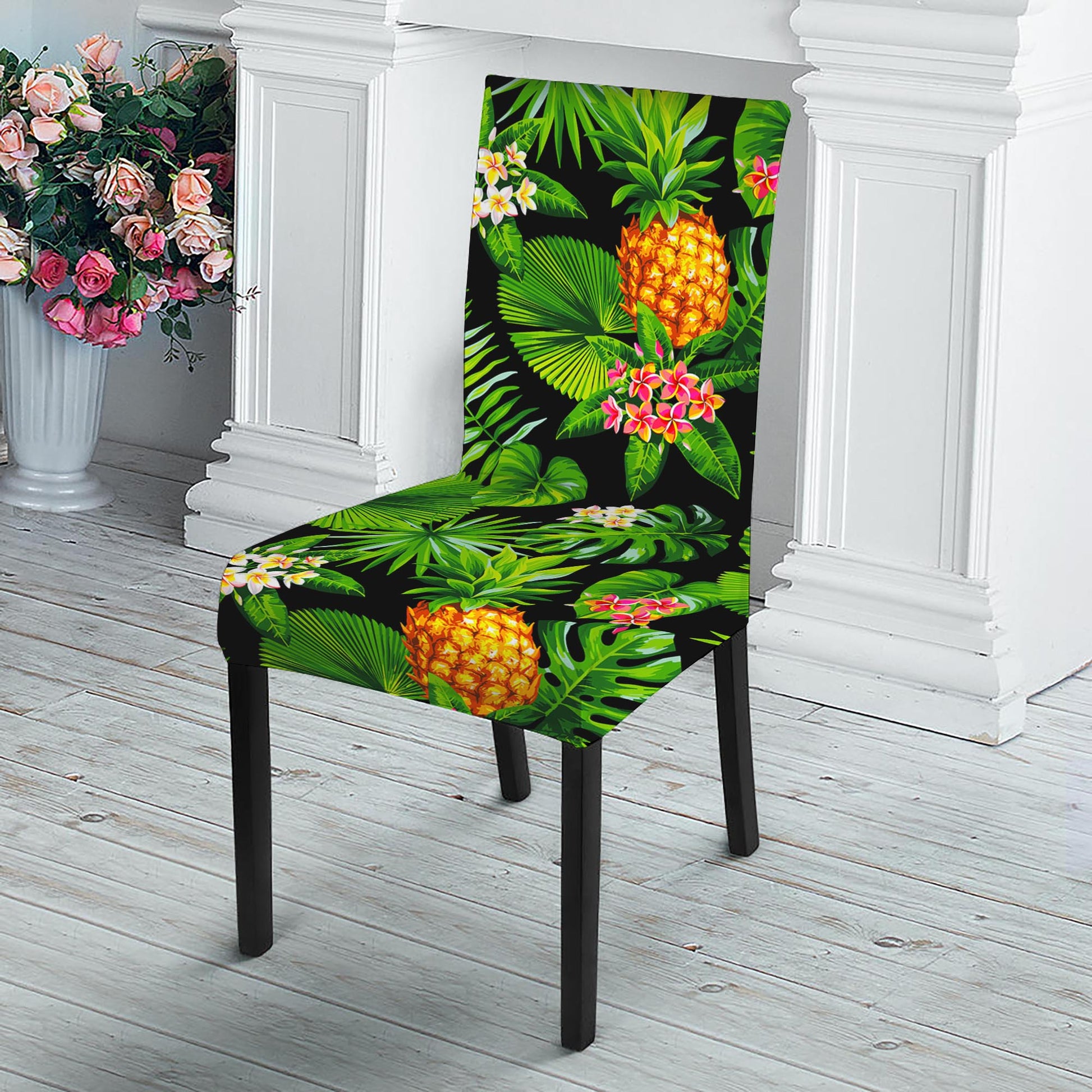 Black Hawaiian Pineapple Pattern Print Dining Chair Slipcover