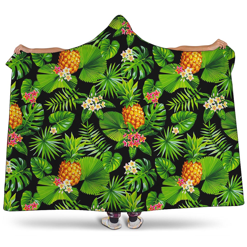 Black Hawaiian Pineapple Pattern Print Hooded Blanket