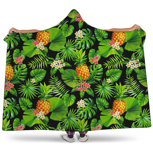 Black Hawaiian Pineapple Pattern Print Hooded Blanket