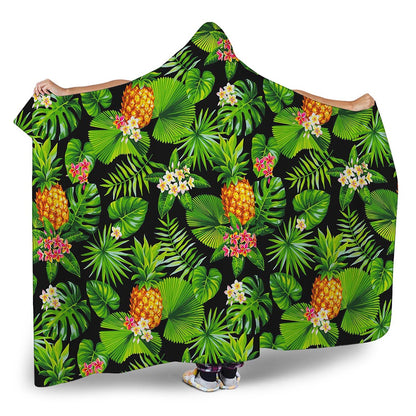 Black Hawaiian Pineapple Pattern Print Hooded Blanket