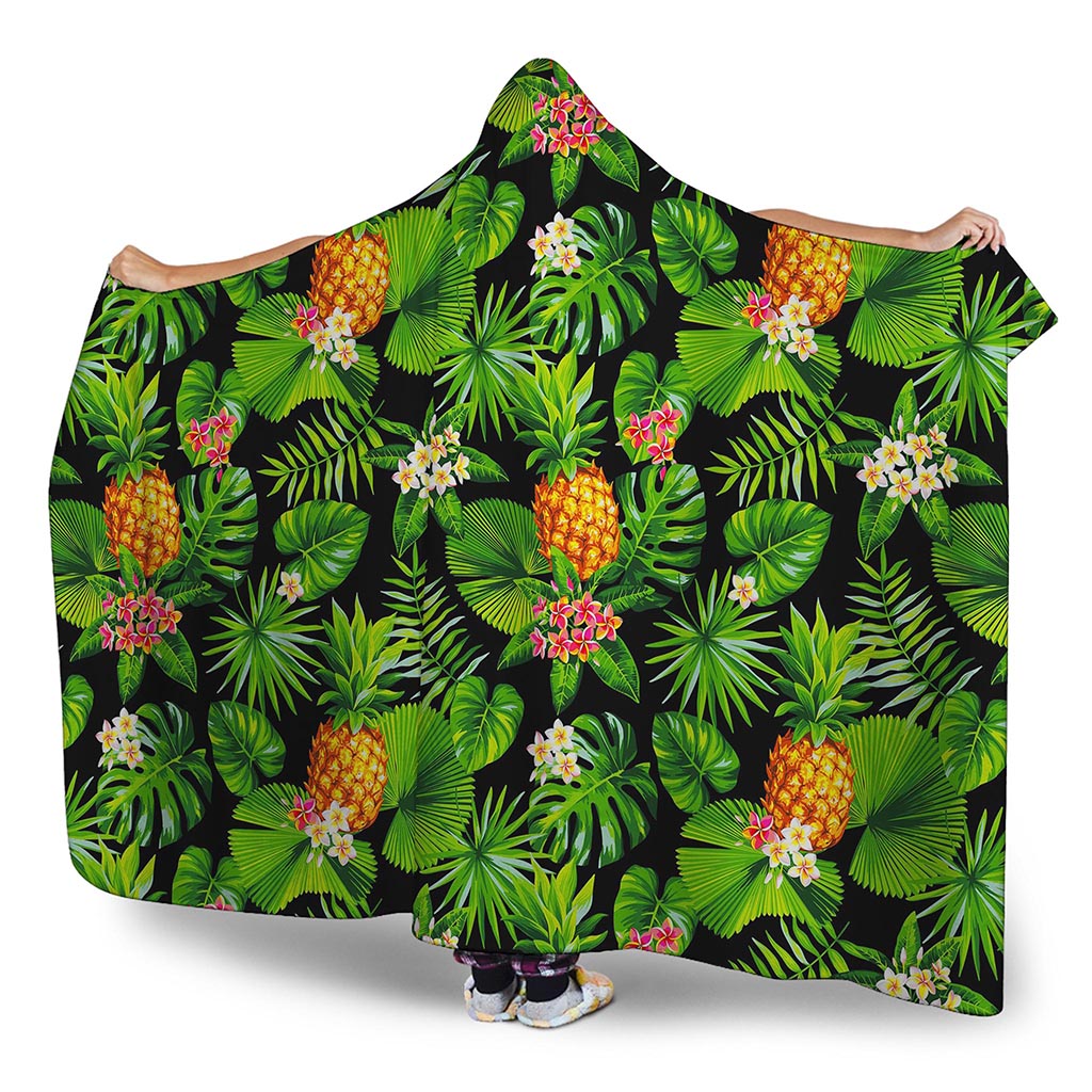 Black Hawaiian Pineapple Pattern Print Hooded Blanket