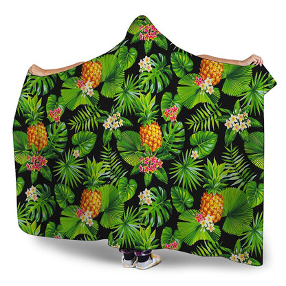 Black Hawaiian Pineapple Pattern Print Hooded Blanket