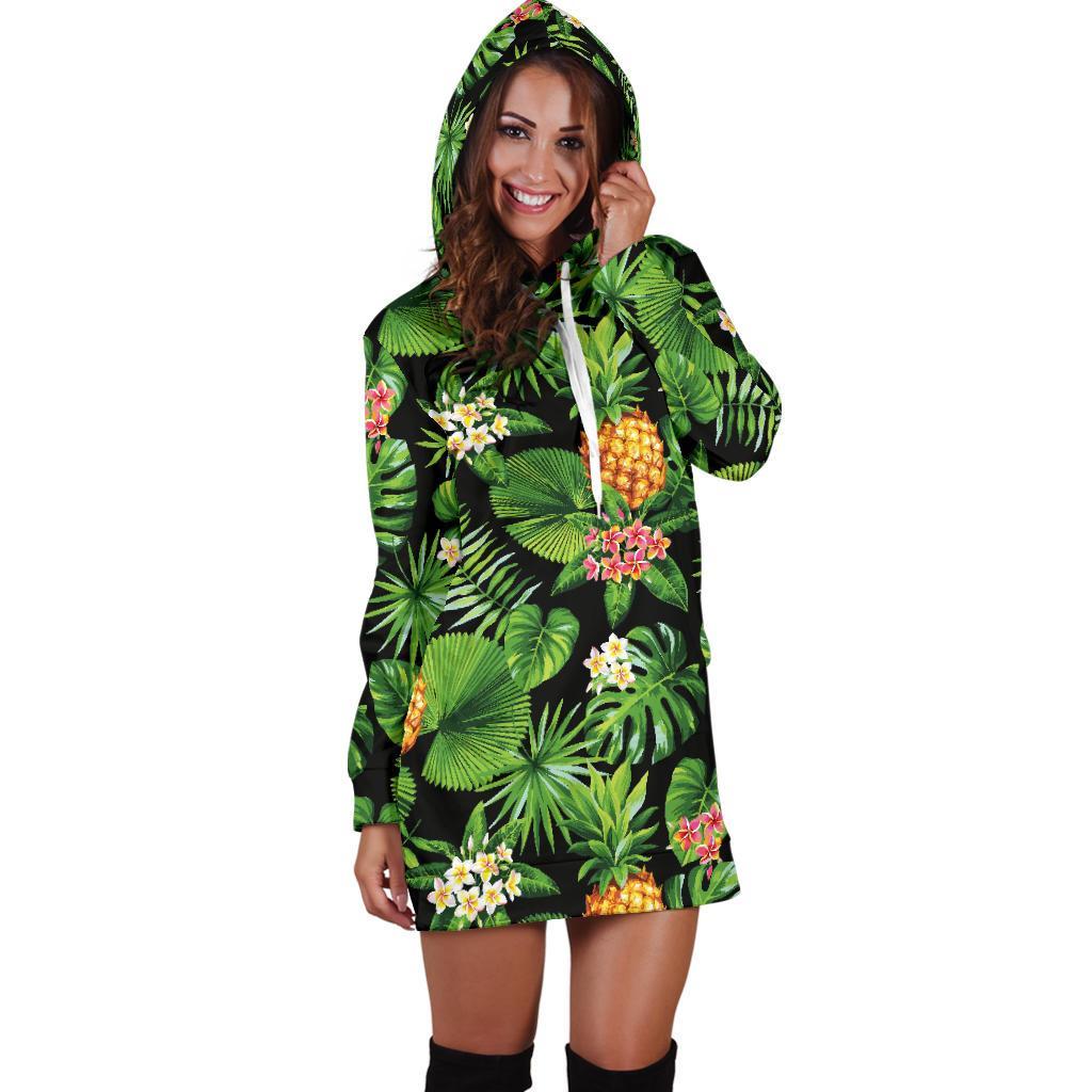 Black Hawaiian Pineapple Pattern Print Hoodie Dress GearFrost