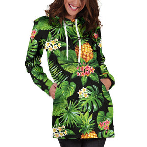 Black Hawaiian Pineapple Pattern Print Hoodie Dress GearFrost