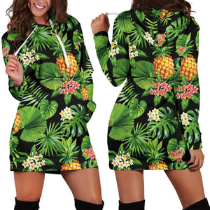 Black Hawaiian Pineapple Pattern Print Hoodie Dress GearFrost