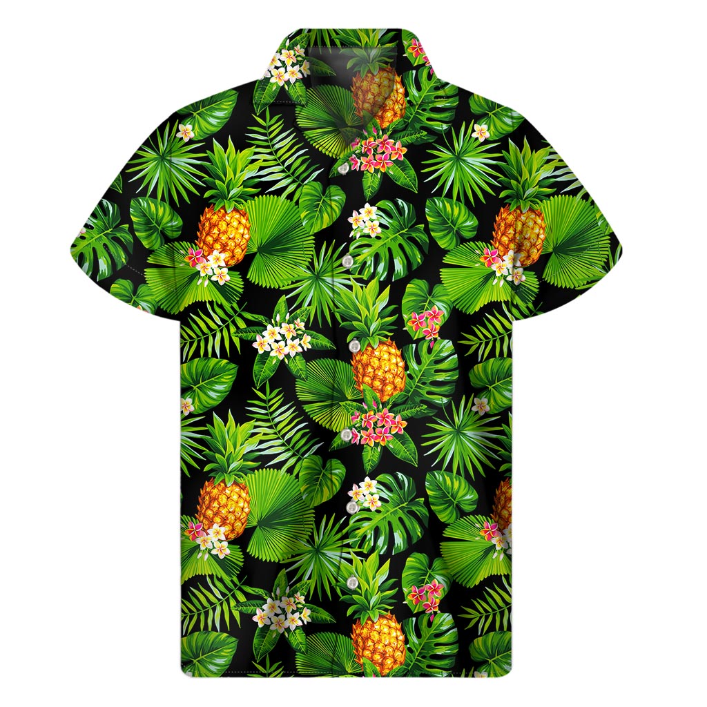 Black Hawaiian Pineapple Pattern Print Men's Short Sleeve Shirt