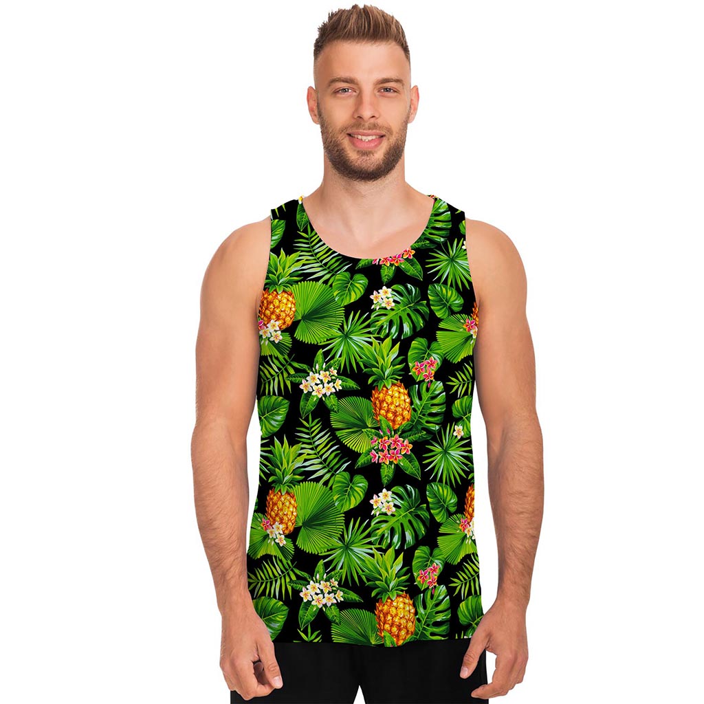 Black Hawaiian Pineapple Pattern Print Men's Tank Top