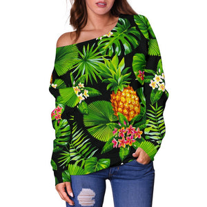 Black Hawaiian Pineapple Pattern Print Off Shoulder Sweatshirt GearFrost