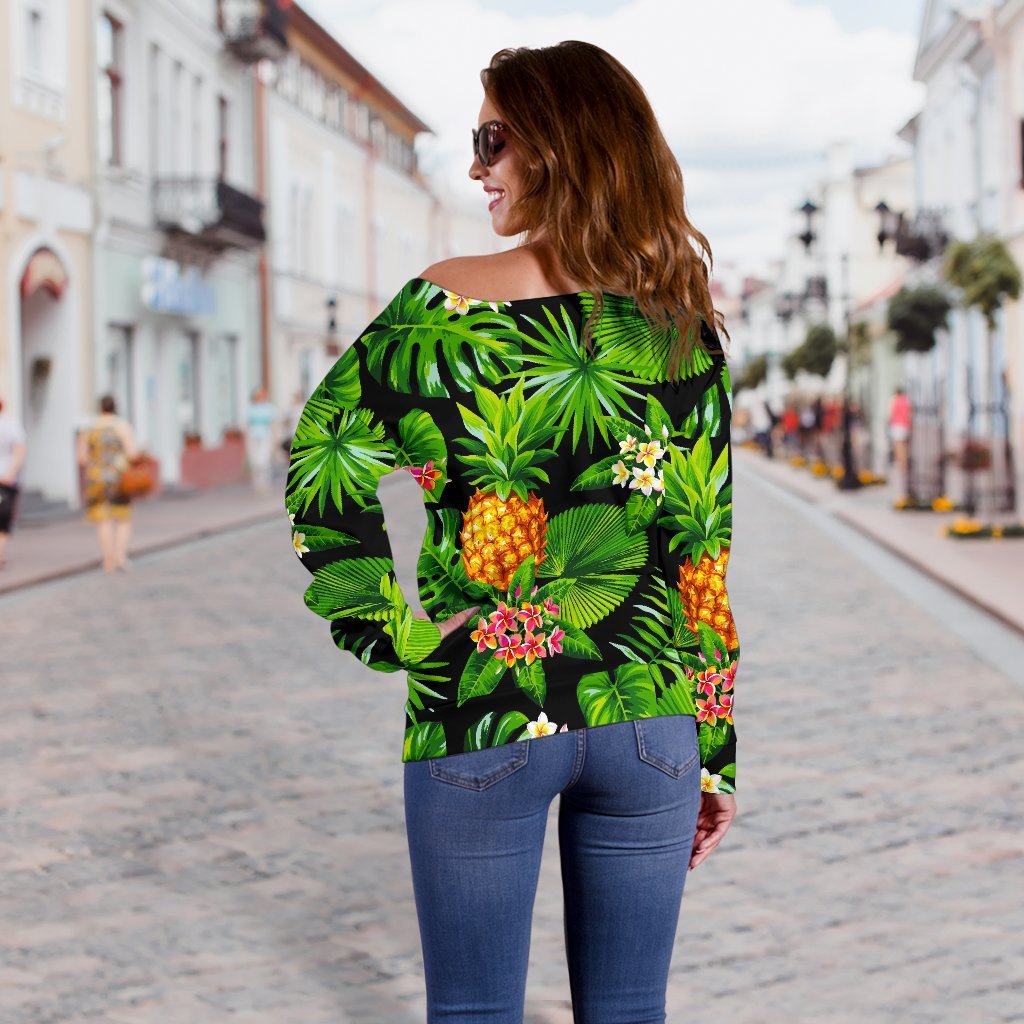 Black Hawaiian Pineapple Pattern Print Off Shoulder Sweatshirt GearFrost