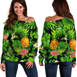 Black Hawaiian Pineapple Pattern Print Off Shoulder Sweatshirt GearFrost