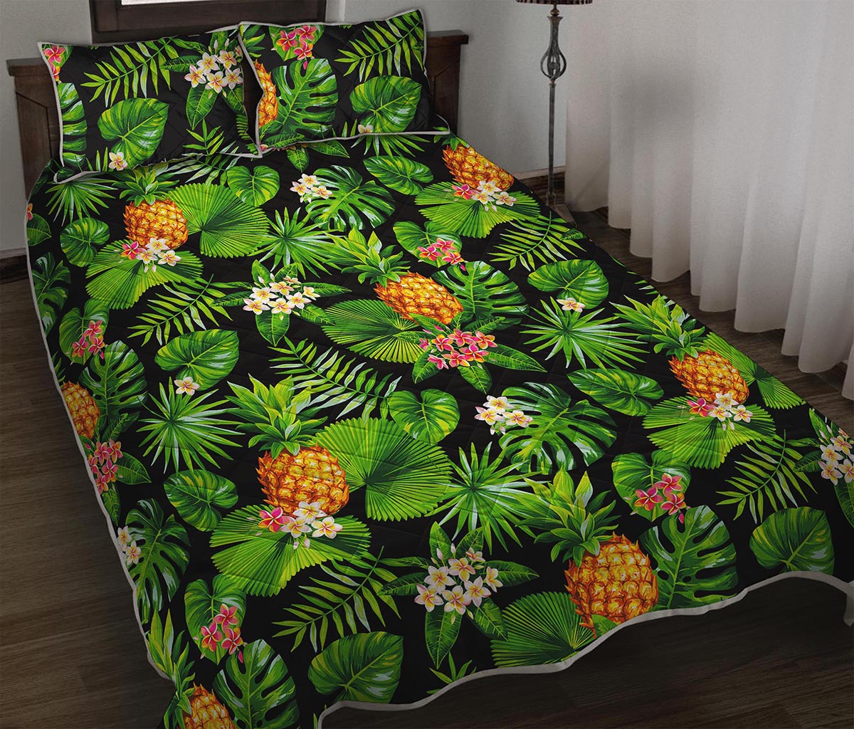 Black Hawaiian Pineapple Pattern Print Quilt Bed Set