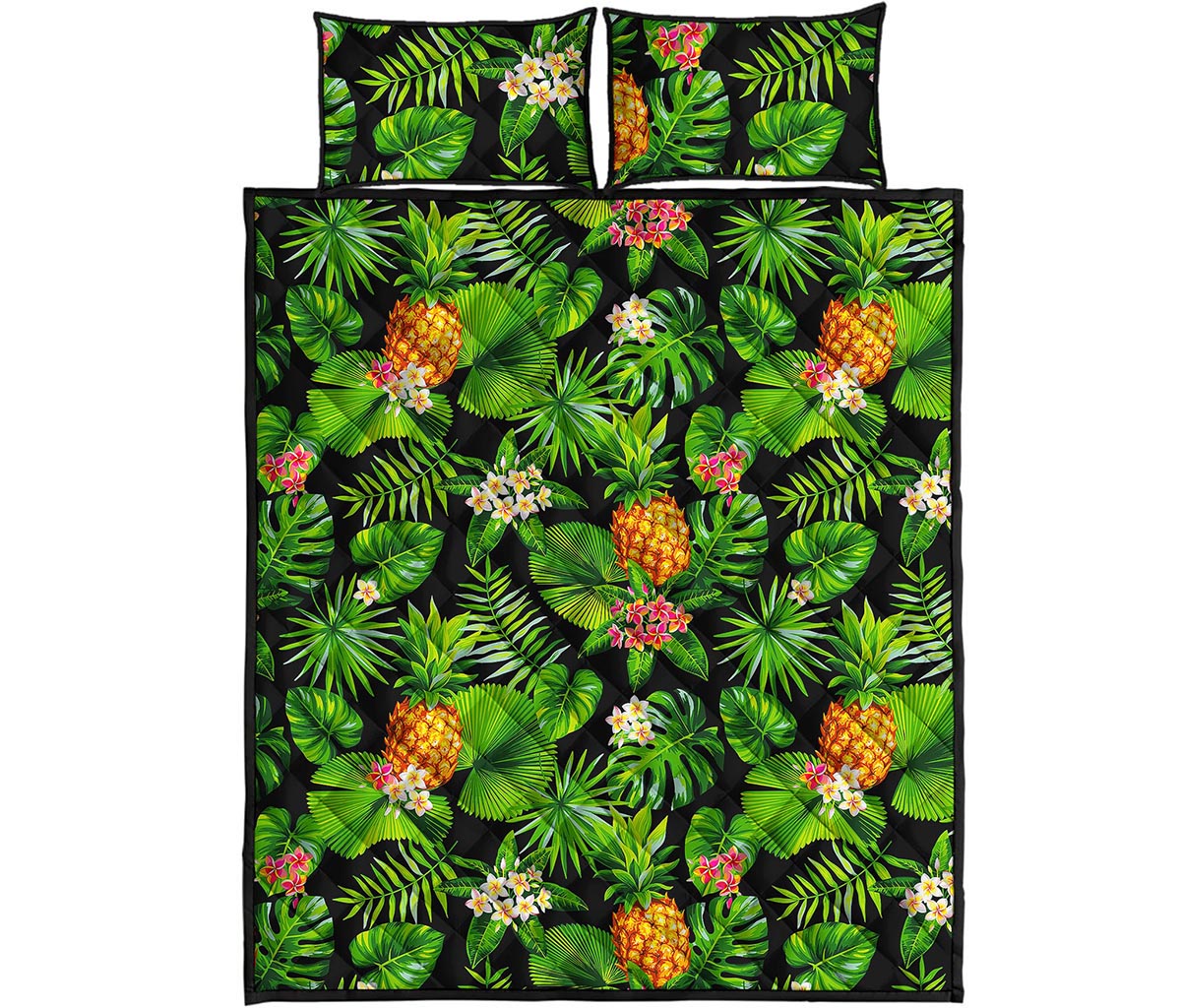 Black Hawaiian Pineapple Pattern Print Quilt Bed Set