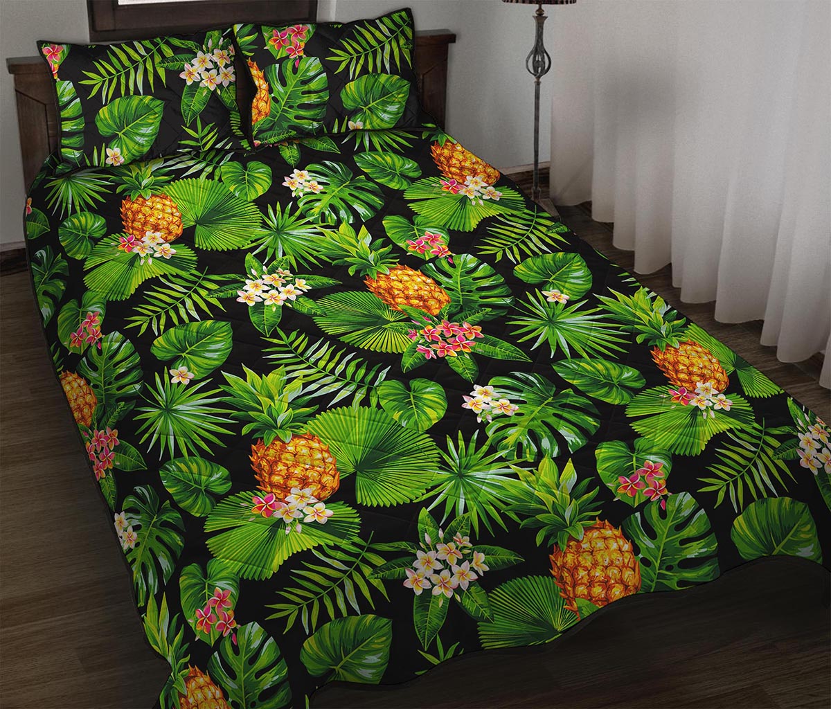 Black Hawaiian Pineapple Pattern Print Quilt Bed Set